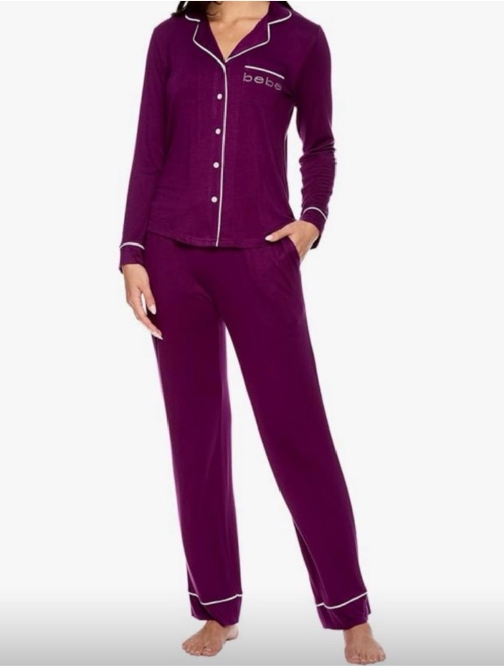 bebe Lavender-Purple Long Sleeve Pajama Set with White Piping - Picture 7 of 7
